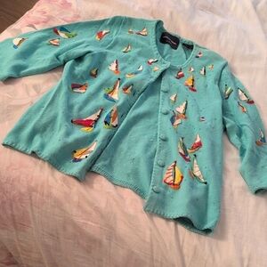 Michael Simon Teal Sailboat Cardigan